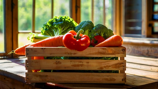 Organic vegetables in wooden crates
